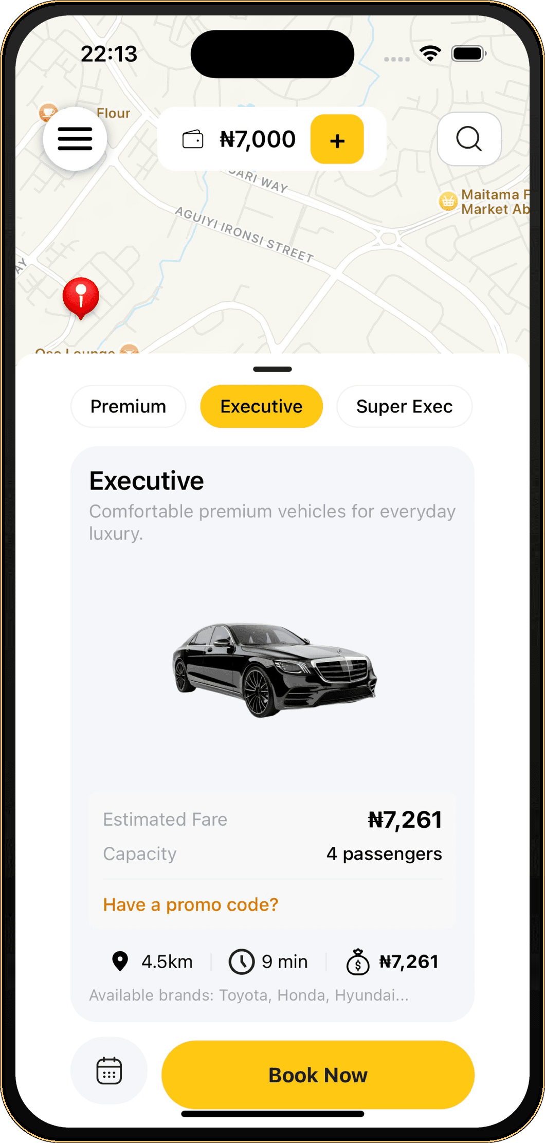 LuxyRide app vehicle class selection with fare estimate